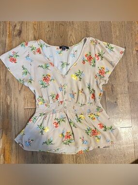 Floral V-Neck Peplum Blouse Beige Floral Ambiance Medium Cottagecore Boho